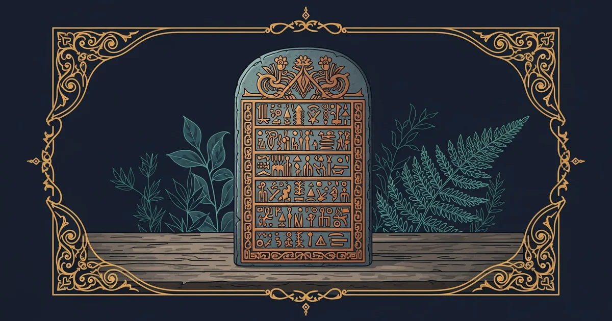 An ancient stone tablet with carved symbols, Victorian botanical illustration style, representing a Learning Whistle learning path on Crime and Punishment.