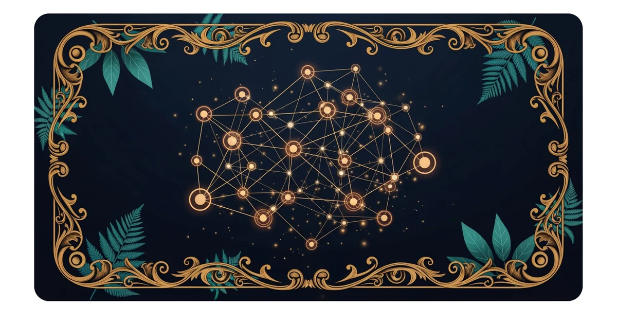 A complex network of glowing interconnected nodes, Victorian botanical illustration style, representing a Learning Whistle learning path on Cryptocurrency and Decentralized Finance.