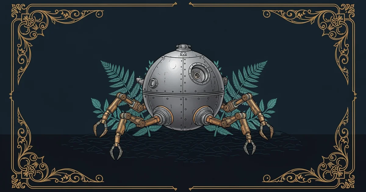 A titanium spherical pressure hull resting on a dark, textured seabed with mechanical arms, Victorian botanical illustration style, representing a Learning Whistle learning path on Deep Sea Exploratio
