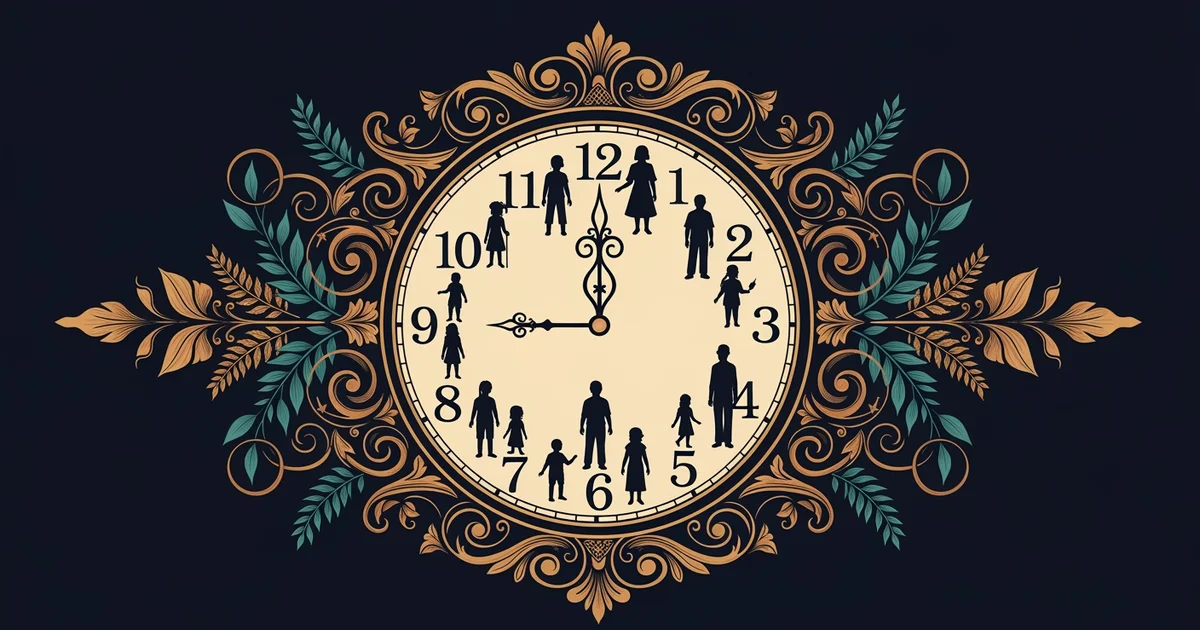 A stylized clock face with human silhouettes, Victorian botanical illustration style, representing a Learning Whistle learning path on demographics and aging.