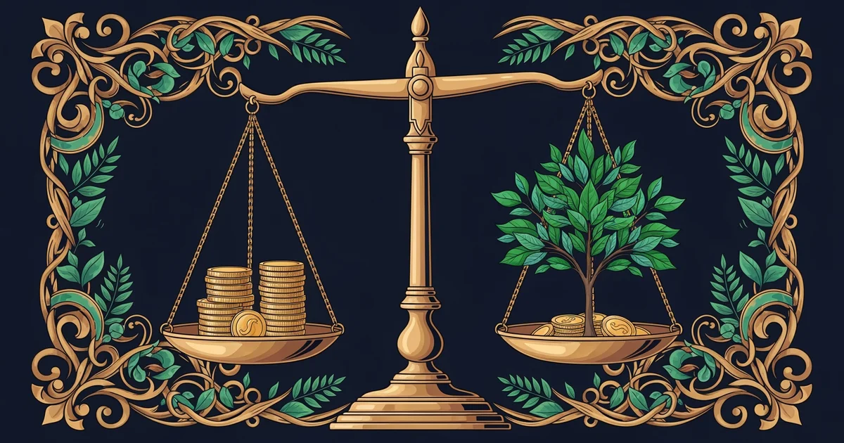 A brass balance scale with coins and a sapling, Victorian botanical illustration style, representing a Learning Whistle learning path on Development Economics.