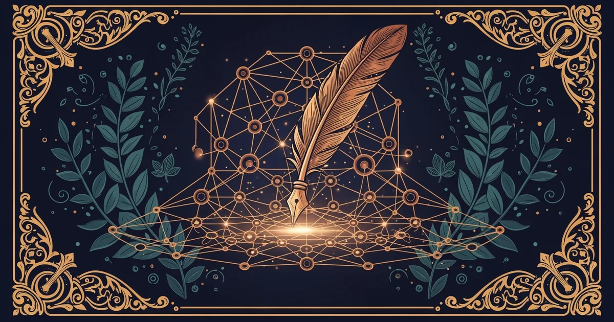 A glowing digital quill hovering over a complex geometric web of interconnected data nodes, Victorian botanical illustration style, representing a Learning Whistle learning path on Digital Ethics and