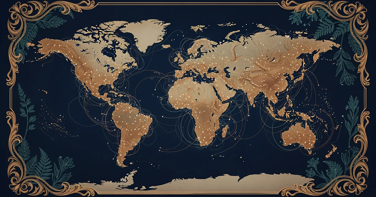 A glowing digital map of the world with fiber optic lines forming physical barriers, Victorian botanical illustration style, representing a Learning Whistle learning path on digital sovereignty and da