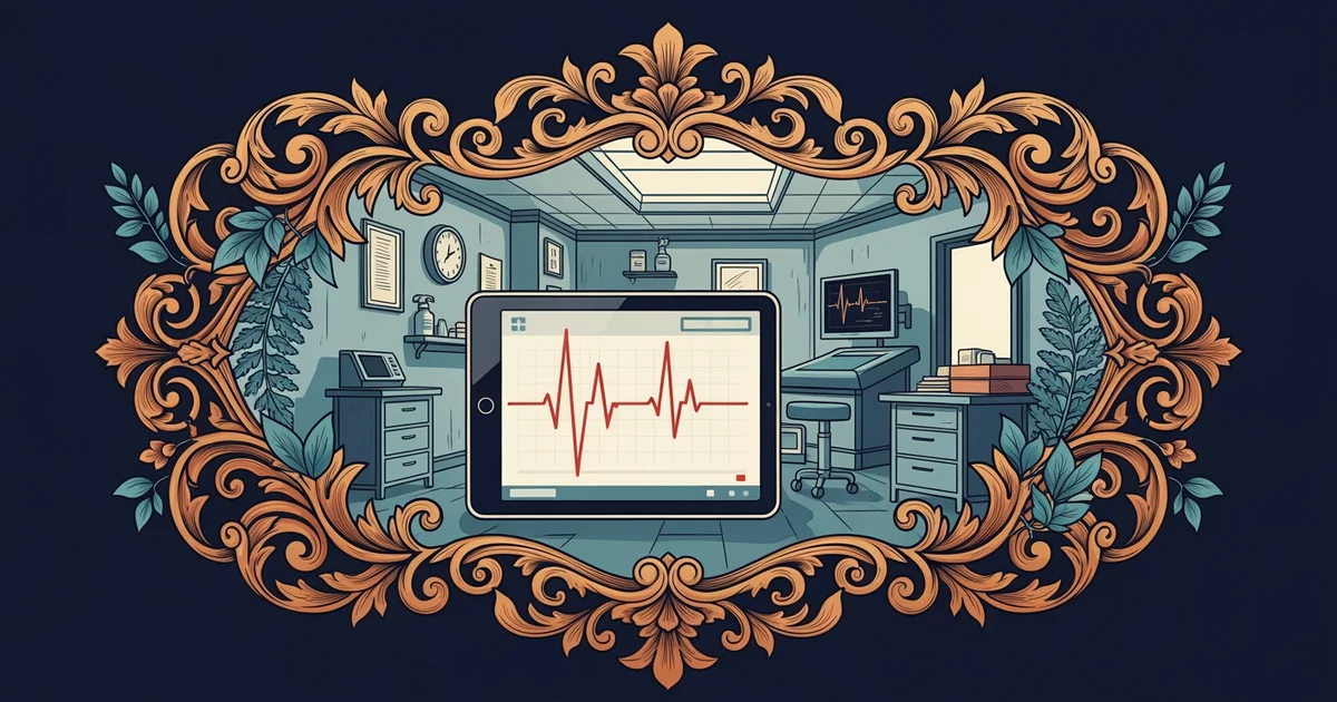 Digital tablet displaying a heart rate graph, Victorian botanical illustration style, representing a Learning Whistle learning path on digital therapeutics regulation and validation.