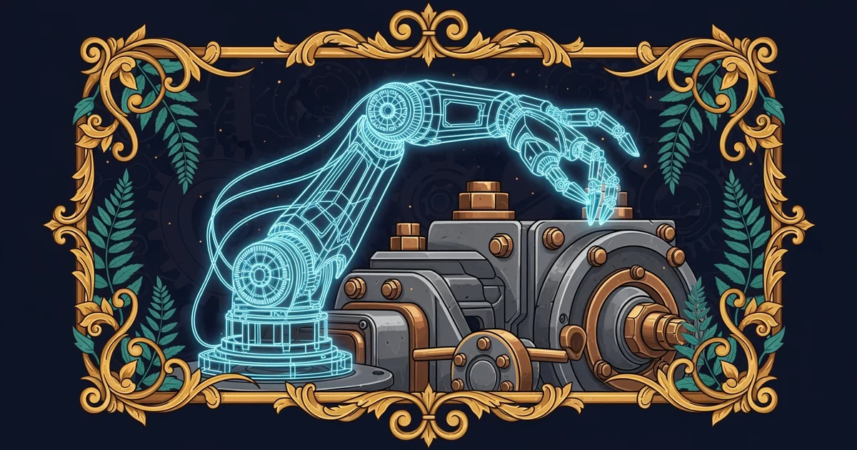 A glowing wireframe model of a robotic arm, Victorian botanical illustration style, representing a Learning Whistle learning path on digital twin modeling for manufacturing.
