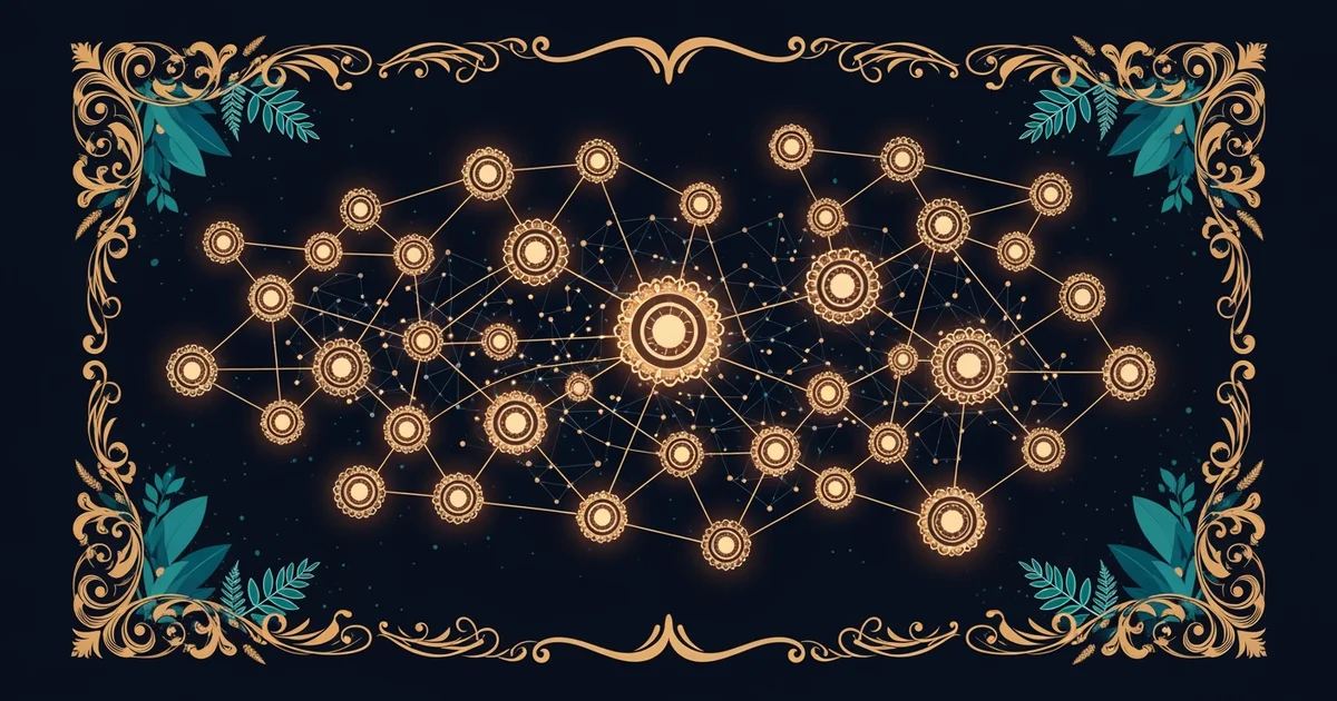 Glowing network nodes, Victorian botanical illustration style, representing a Learning Whistle learning path on digital twin synchronization.