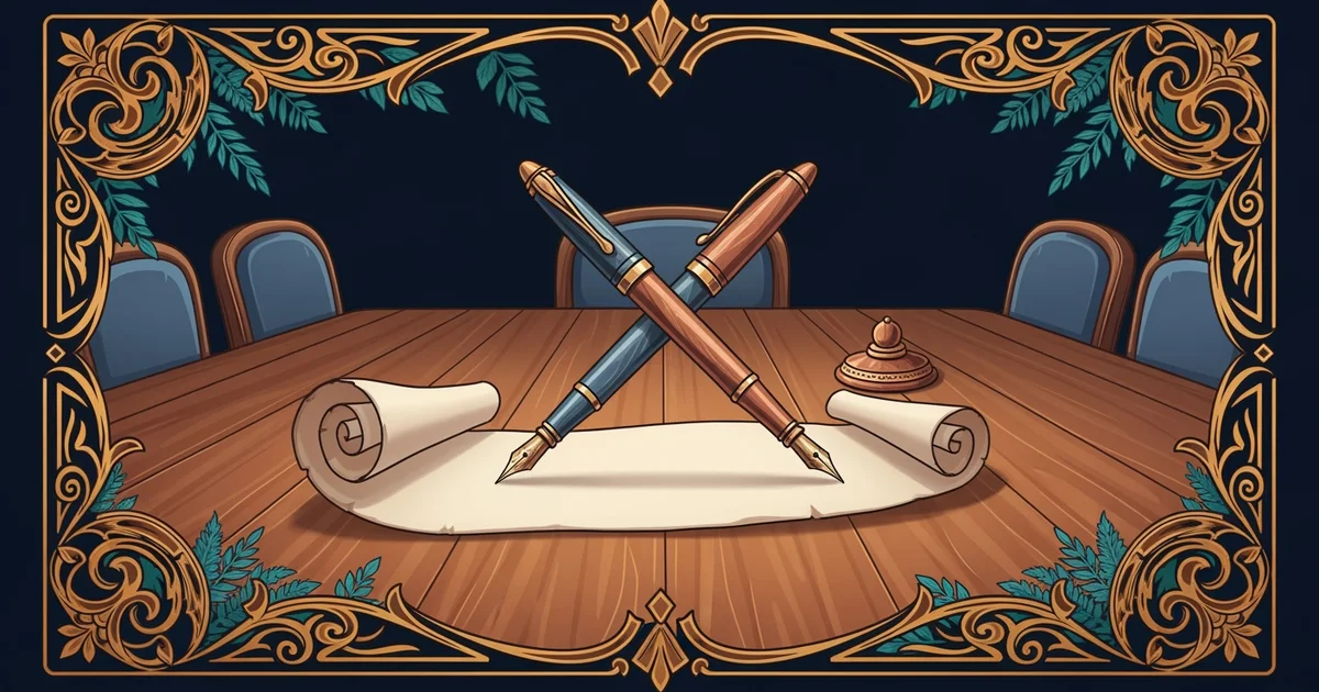 A conference table with crossed fountain pens, Victorian botanical illustration style, representing a Learning Whistle learning path on Diplomacy and Statecraft.