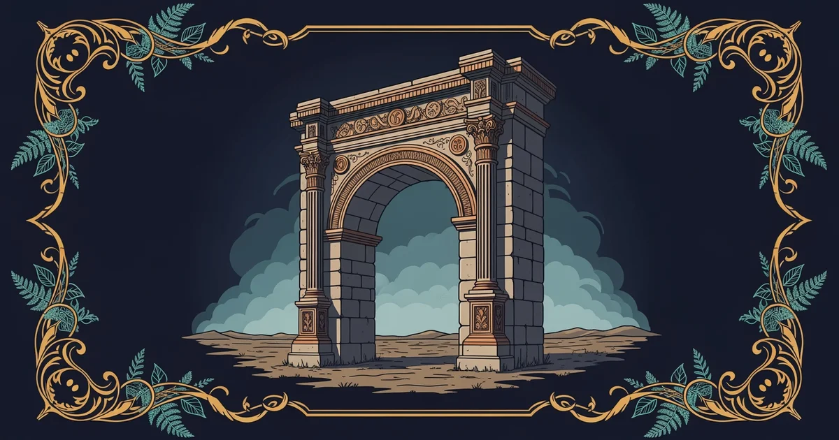 An ancient stone archway standing alone in a barren field under a dramatic sky, Victorian botanical illustration style, representing a Learning Whistle learning path on disaster history.