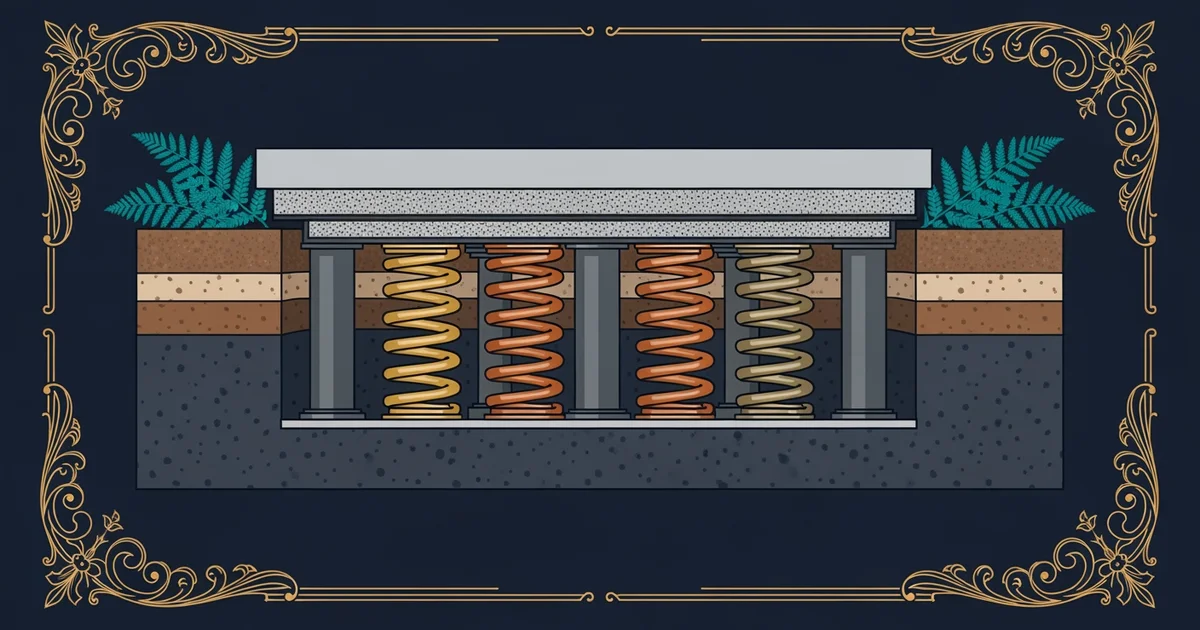 A cross-section diagram of a shock-absorbing building foundation, Victorian botanical illustration style, representing a Learning Whistle learning path on Disaster Resilience Engineering.