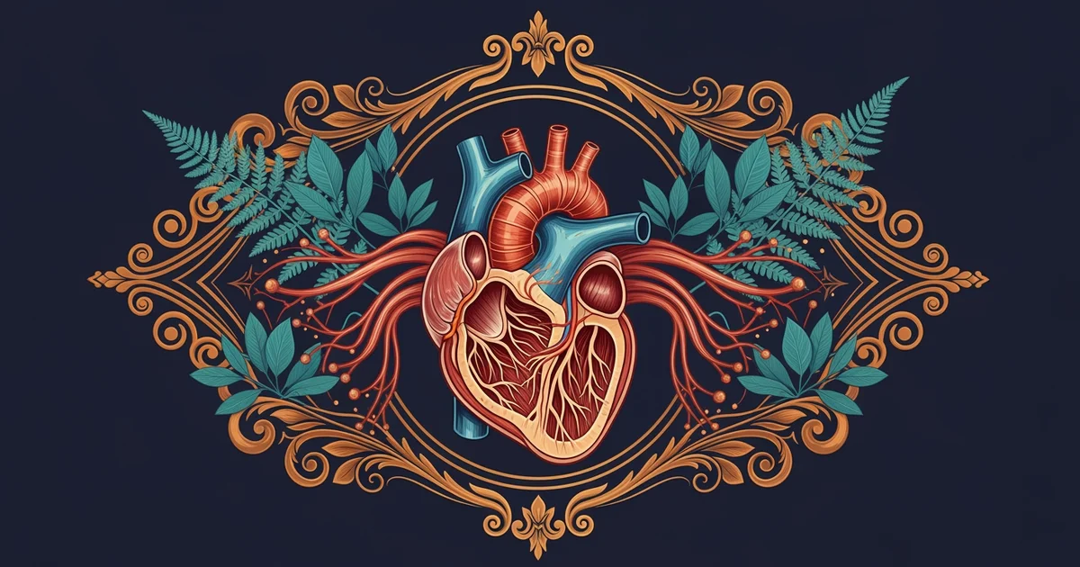 Anatomical heart and muscle diagram, Victorian botanical illustration style, representing a Learning Whistle learning path on distance running physiology.
