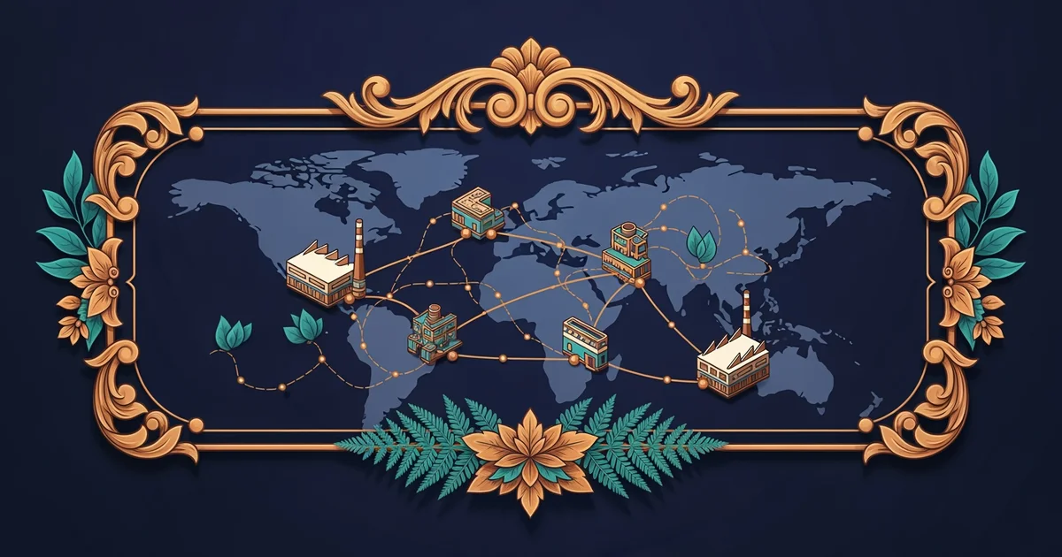 A stylized, isometric map showing interconnected trade routes between cities and factories, Victorian botanical illustration style, representing a Learning Whistle learning path on Economic Geography.