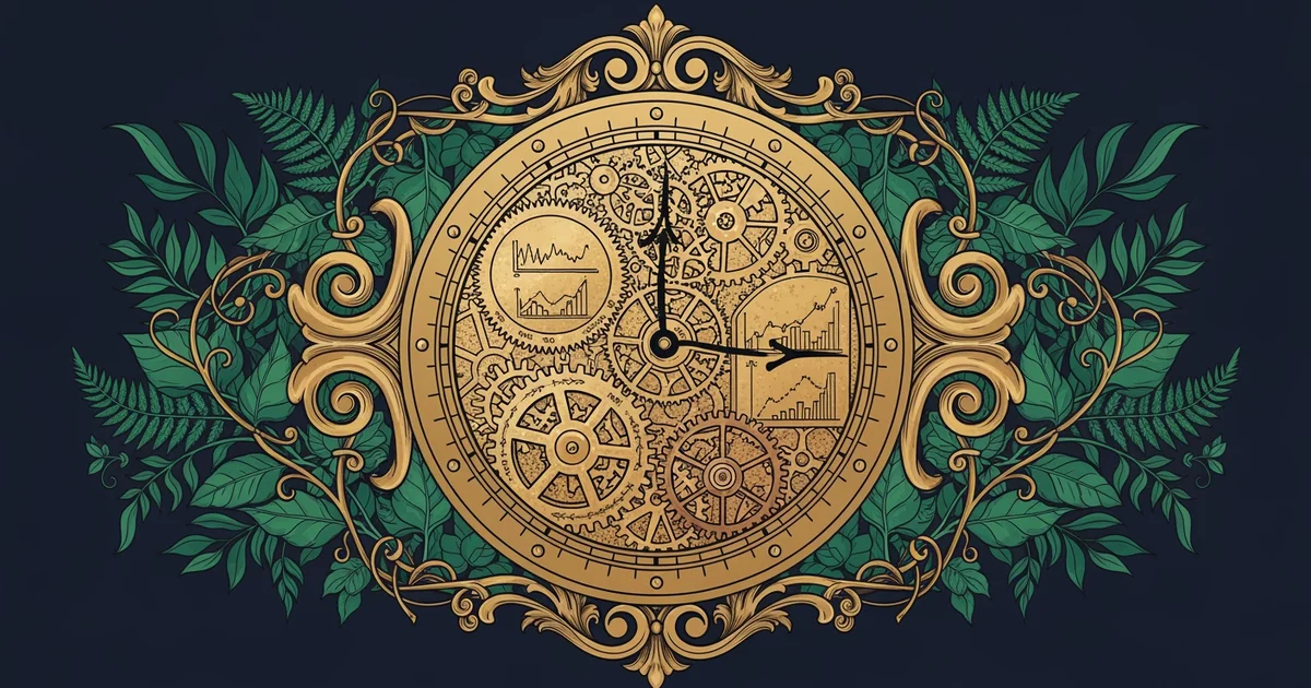 Mechanical clock gears, Victorian botanical illustration style, representing a Learning Whistle learning path on Economic Measurement.