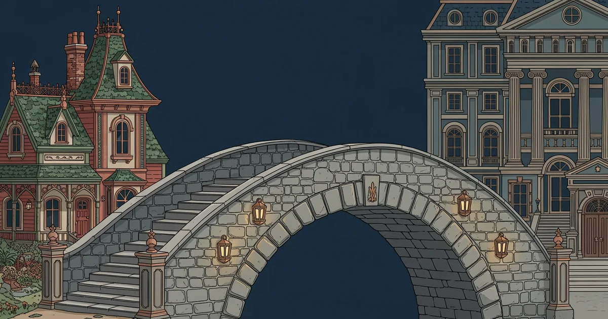 A stone bridge connecting two distinct, stylized architectural structures, Victorian botanical illustration style, representing a Learning Whistle learning path on Educational Sociology.