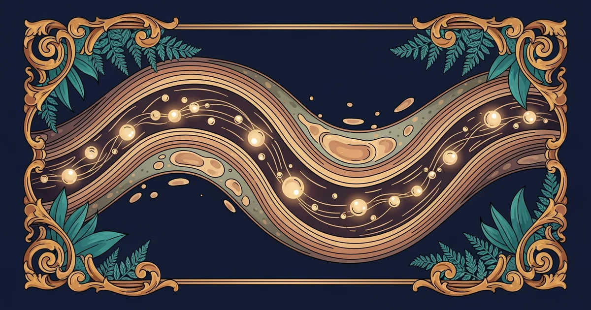 Glowing ions moving through a membrane, Victorian botanical illustration style, representing a Learning Whistle learning path on Electrolyte Balance.