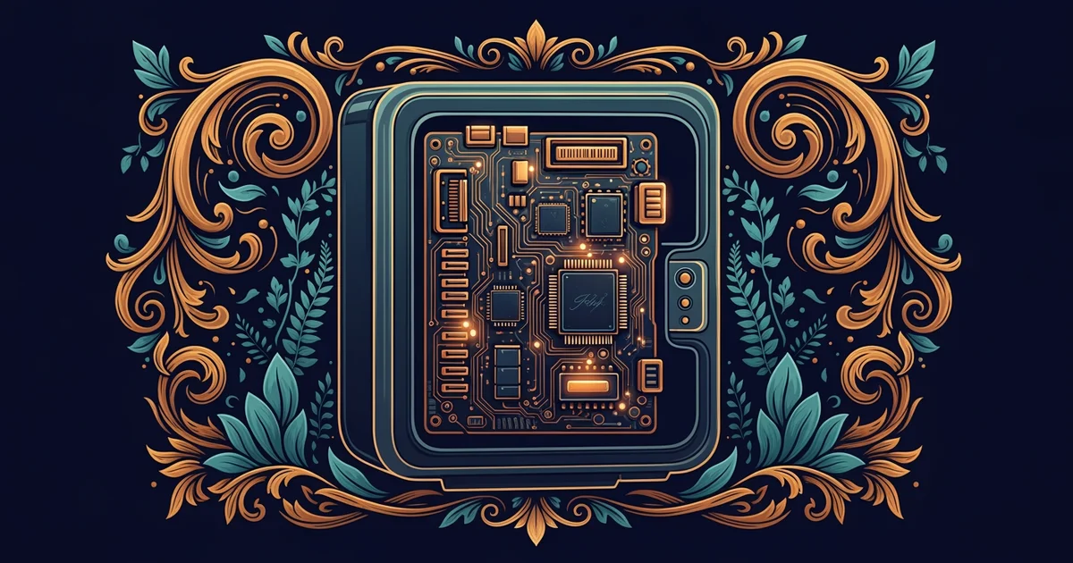 A complex circuit board glowing with stylized data connections inside a simple household appliance casing, Victorian botanical illustration style, representing a Learning Whistle learning path on Embe