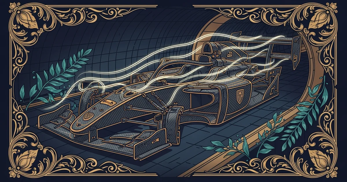 A sleek carbon fiber race car chassis in a wind tunnel, Victorian botanical illustration style, representing a Learning Whistle learning path on Engineering a Race Car.