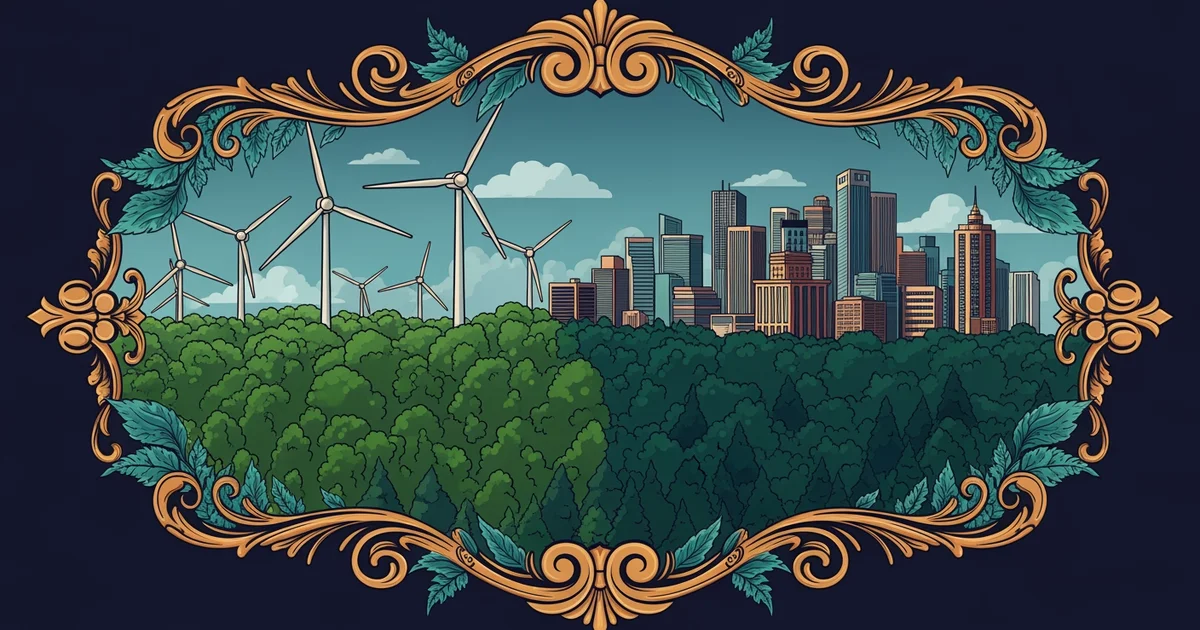 A lush green forest merging into a modern city skyline, Victorian botanical illustration style, representing a Learning Whistle learning path on Environmental Economics.