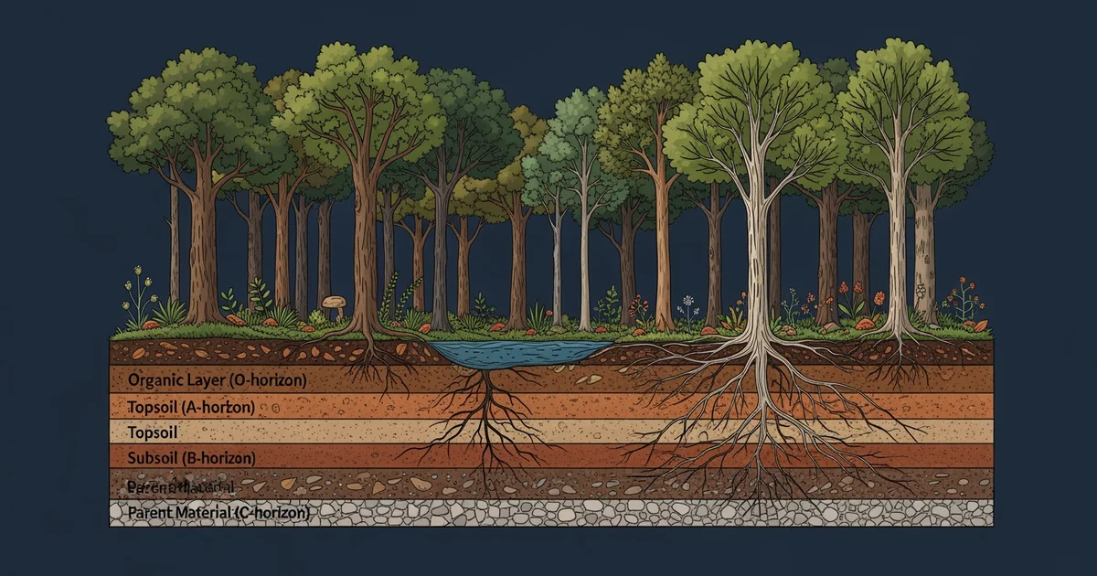 A cross-section of a forest ecosystem, Victorian botanical illustration style, representing a Learning Whistle learning path on Environmental Health.
