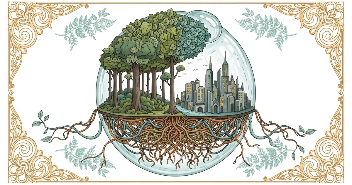 A glass globe with a city and forest, Victorian botanical illustration style, representing a Learning Whistle learning path on environmental sociology.