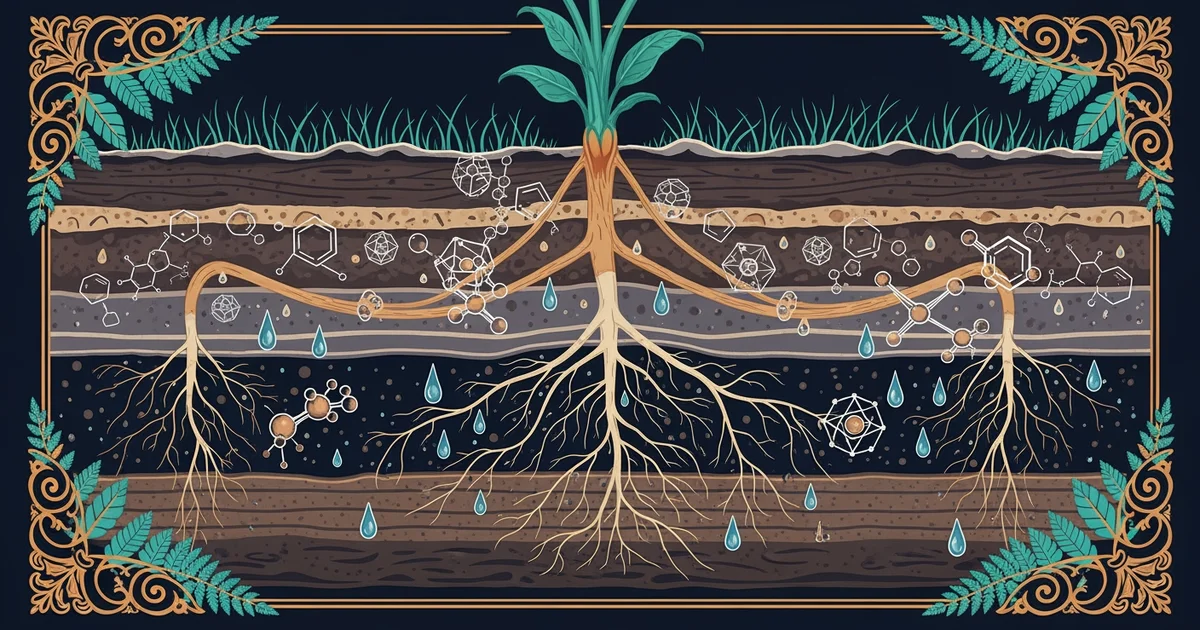 A cross-section of soil layers, Victorian botanical illustration style, representing a Learning Whistle learning path on Environmental Toxicology.