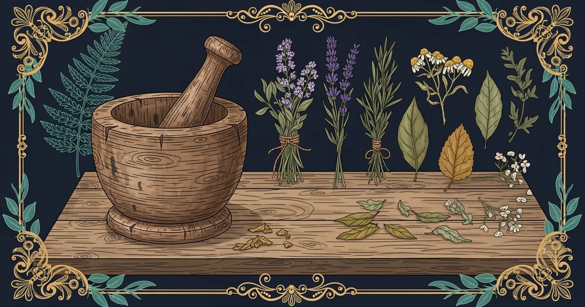 An ancient wooden mortar and pestle with dried herbs.