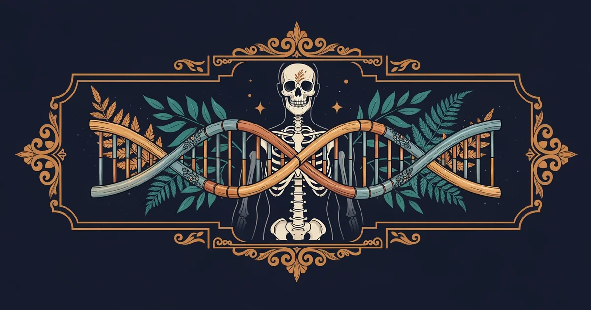 A double helix structure intertwining with a stylized human skeletal silhouette, Victorian botanical illustration style, representing a Learning Whistle learning path on Evolutionary Medicine.