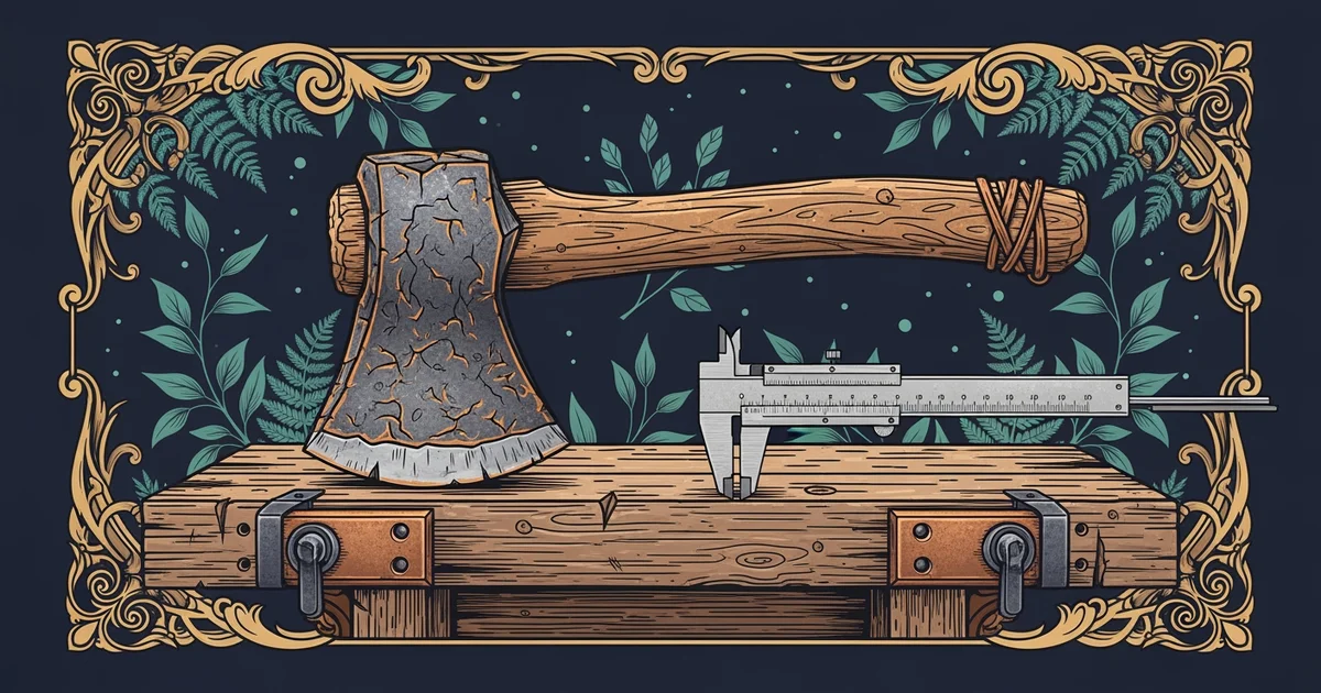 A stone hand axe resting on a wooden workbench next to a set of modern measurement calipers, Victorian botanical illustration style, representing a Learning Whistle learning path on Experimental Archa
