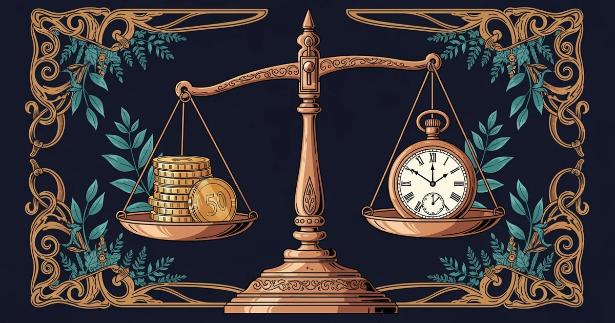 A balanced scale holding coins on one side and a clock on the other, Victorian botanical illustration style, representing a Learning Whistle learning path on Financial Literacy.