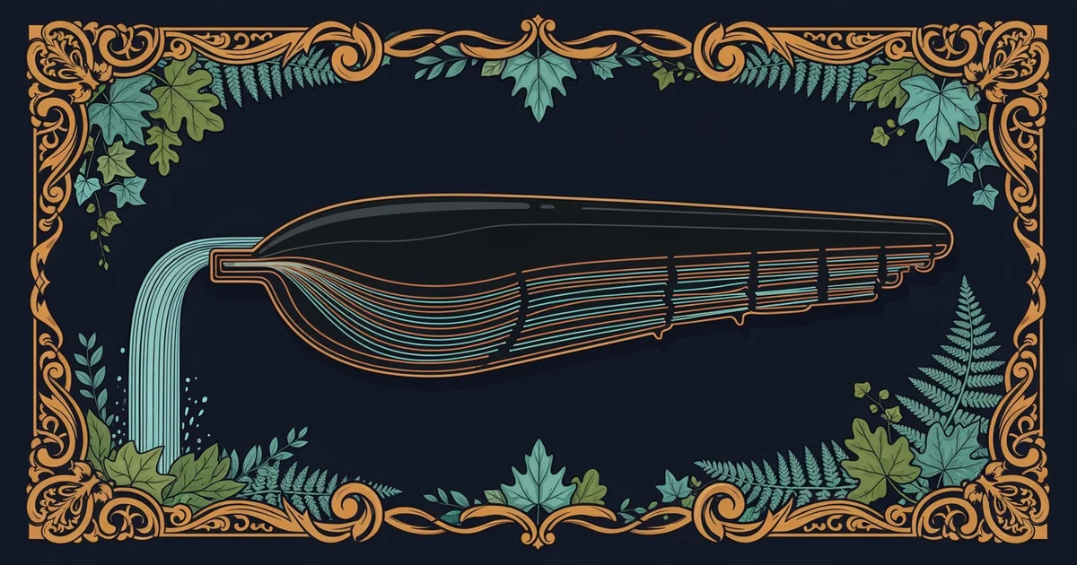 Fluid flow around an airfoil, Victorian botanical illustration style, representing a Learning Whistle learning path on Fluid Dynamics.