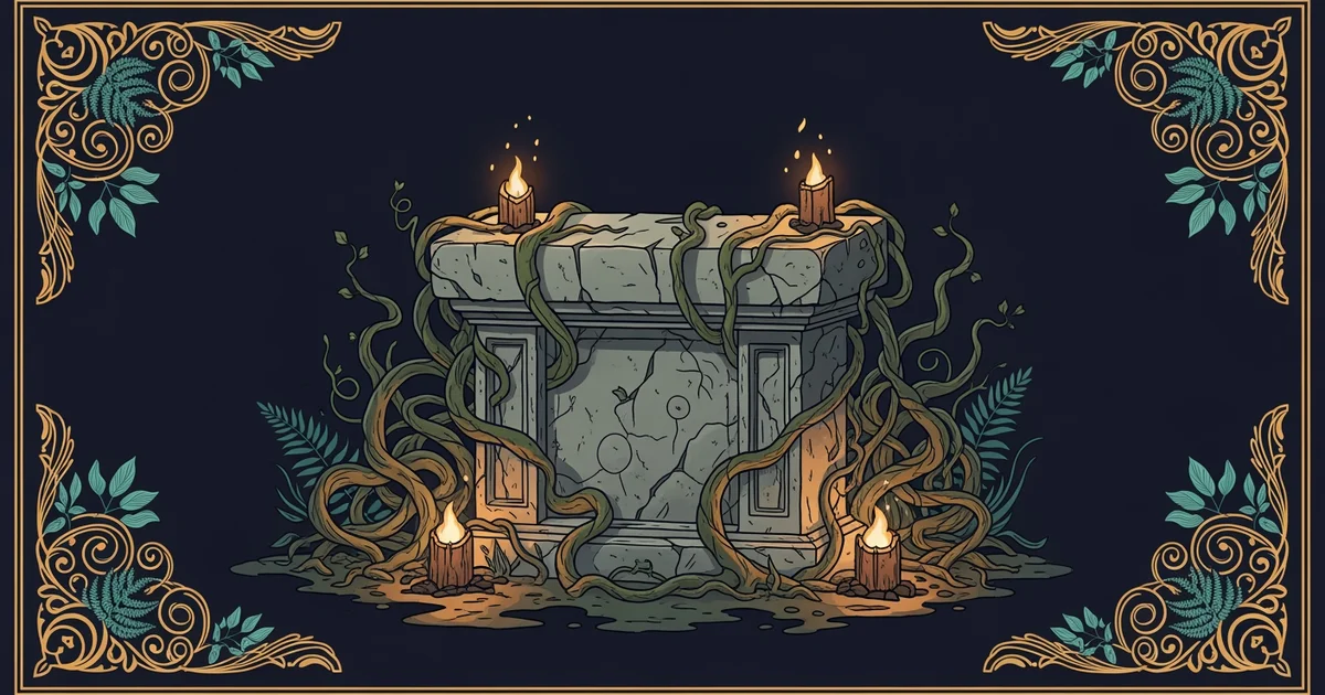 A weathered stone altar surrounded by tangled vines and glowing embers, Victorian botanical illustration style, representing a Learning Whistle learning path on Folklore and Mythology.