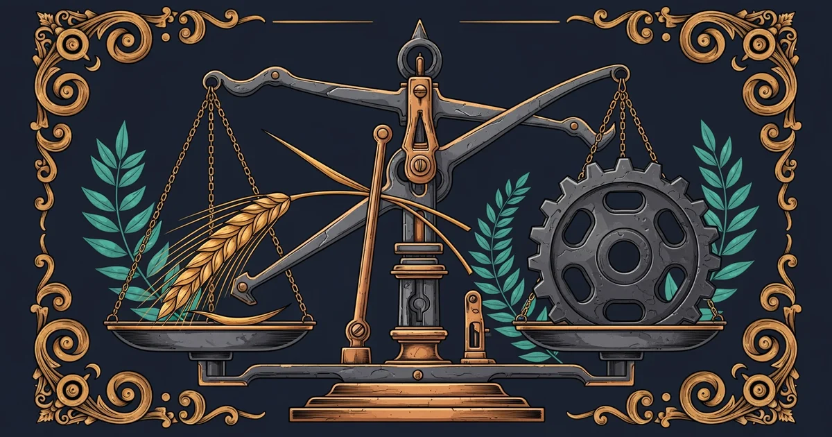 A scale balancing wheat and a gear, Victorian botanical illustration style, representing a Learning Whistle learning path on Food Politics.