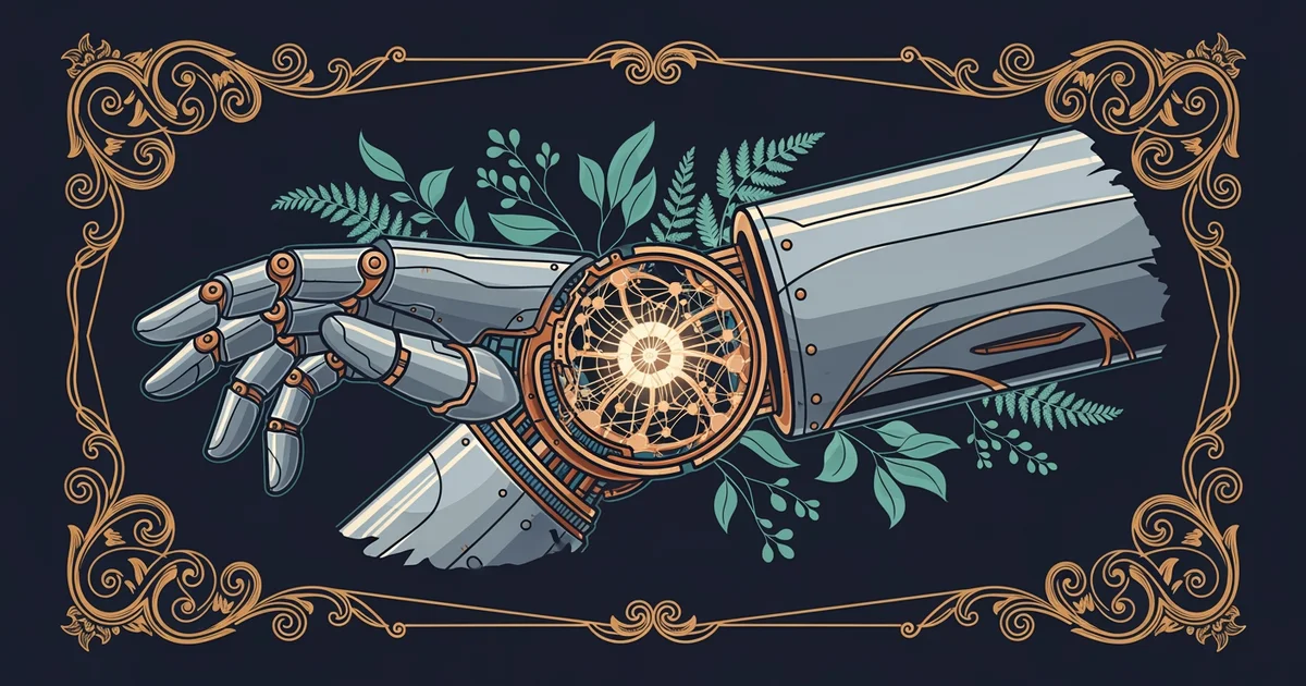 A complex neural network node structure glowing inside a metallic robotic arm joint, Victorian botanical illustration style, representing a Learning Whistle learning path on Foundation Models for Robo