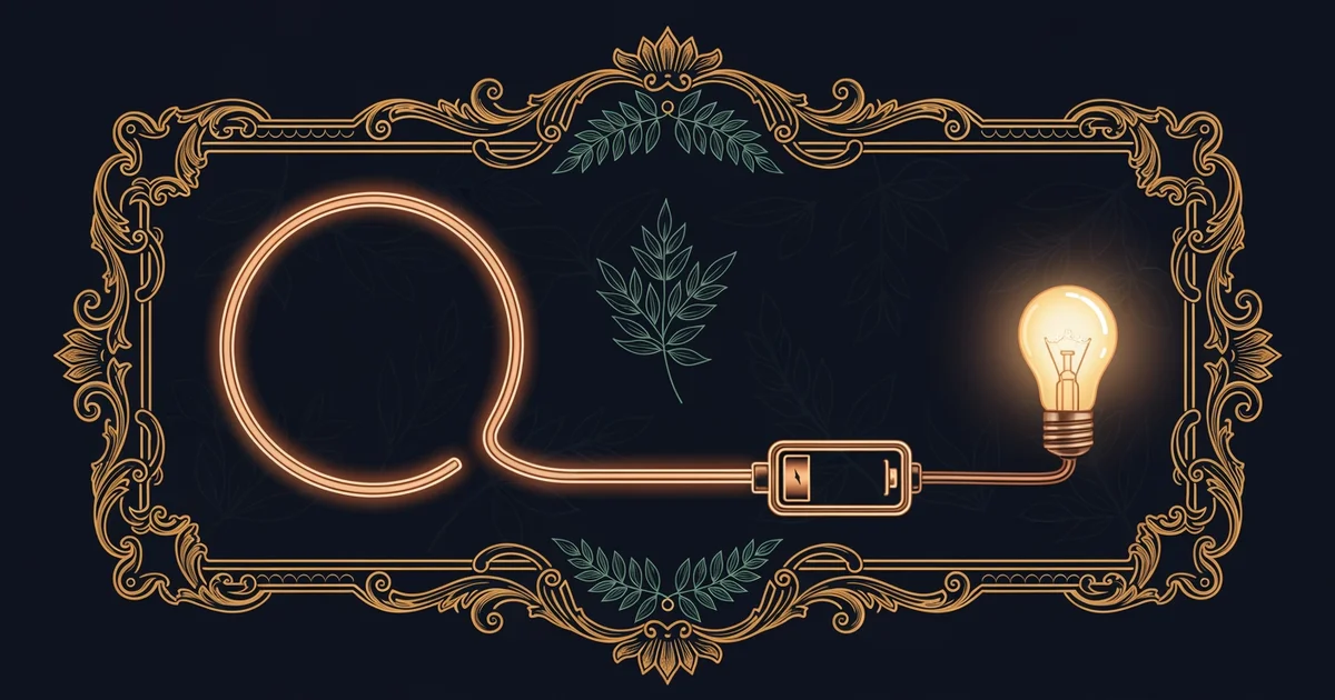 A glowing copper wire loop connected to a small battery and a light bulb, Victorian botanical illustration style, representing a Learning Whistle learning path on fundamental circuit analysis.