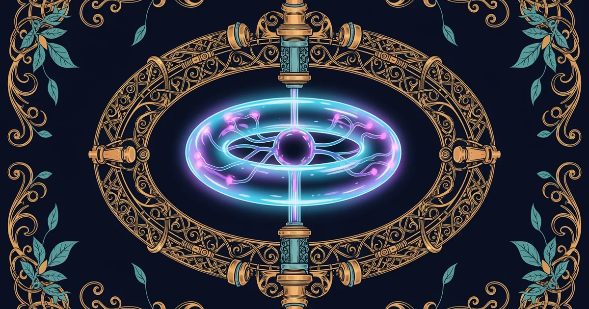 A glowing plasma torus suspended within a complex magnetic containment field, Victorian botanical illustration style, representing a Learning Whistle learning path on Fusion Energy Progress.