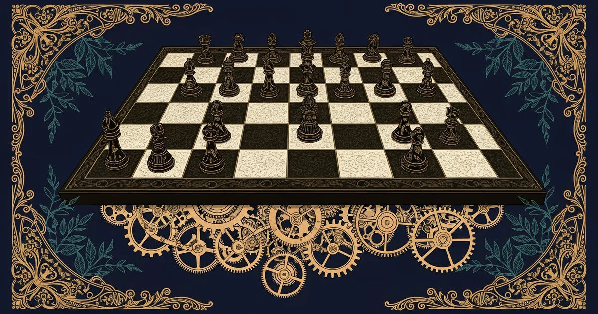 A complex chessboard with interconnected gears underneath the board surface, Victorian botanical illustration style, representing a Learning Whistle learning path on Game Theory in Business.