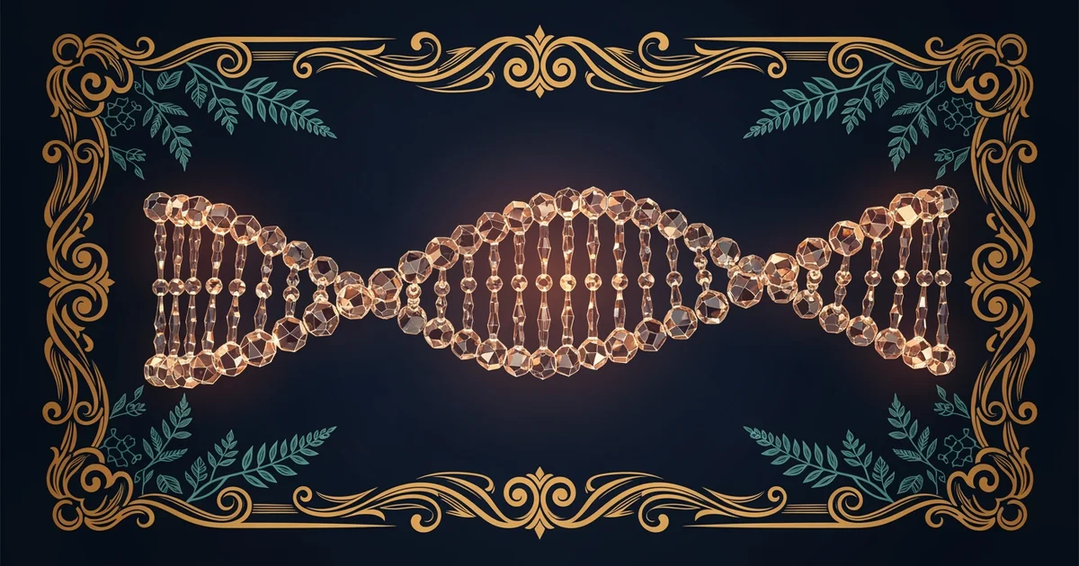 A glowing double helix structure, Victorian botanical illustration style, representing a Learning Whistle learning path on Genomic Medicine.