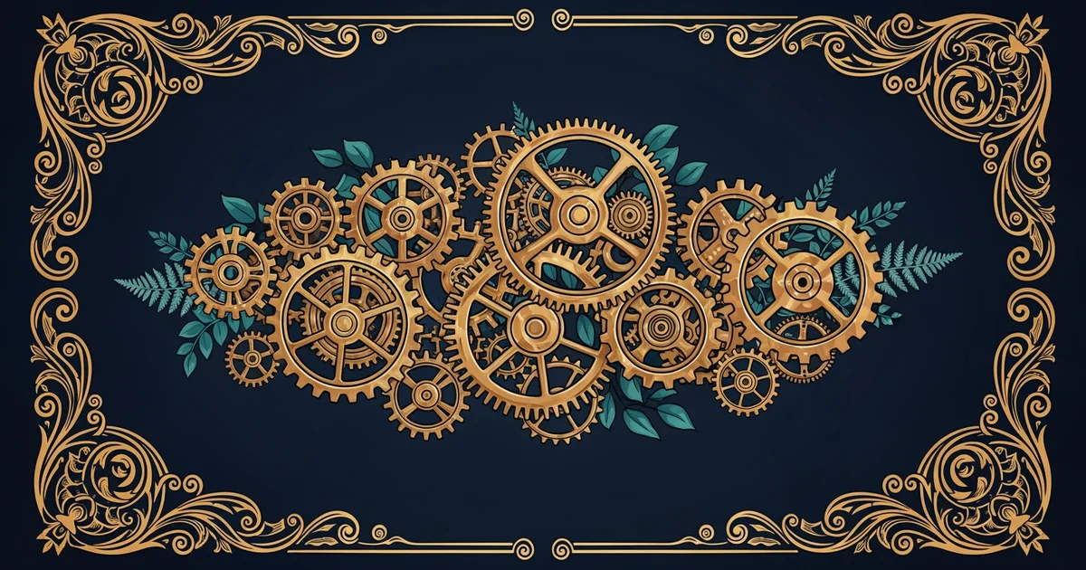 Interlocking brass gears, Victorian botanical illustration style, representing a Learning Whistle learning path on Global Governance and Organizations.
