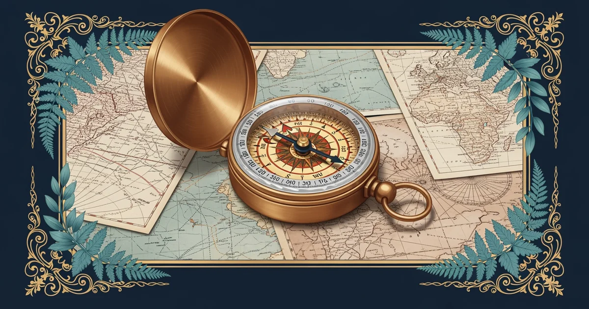 A brass merchant ship compass resting atop a spread of antique nautical shipping routes and vintage maritime maps, Victorian botanical illustration style, representing a Learning Whistle learning path