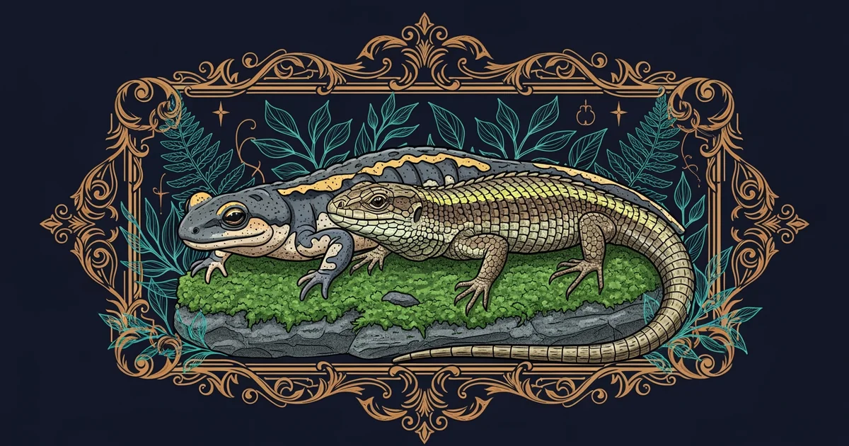 A salamander and a lizard on a mossy stone.