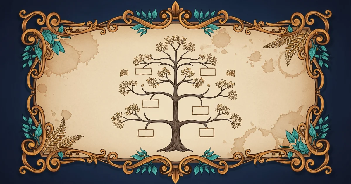 A complex family tree diagram, Victorian botanical illustration style, representing a Learning Whistle learning path on historical genealogy.