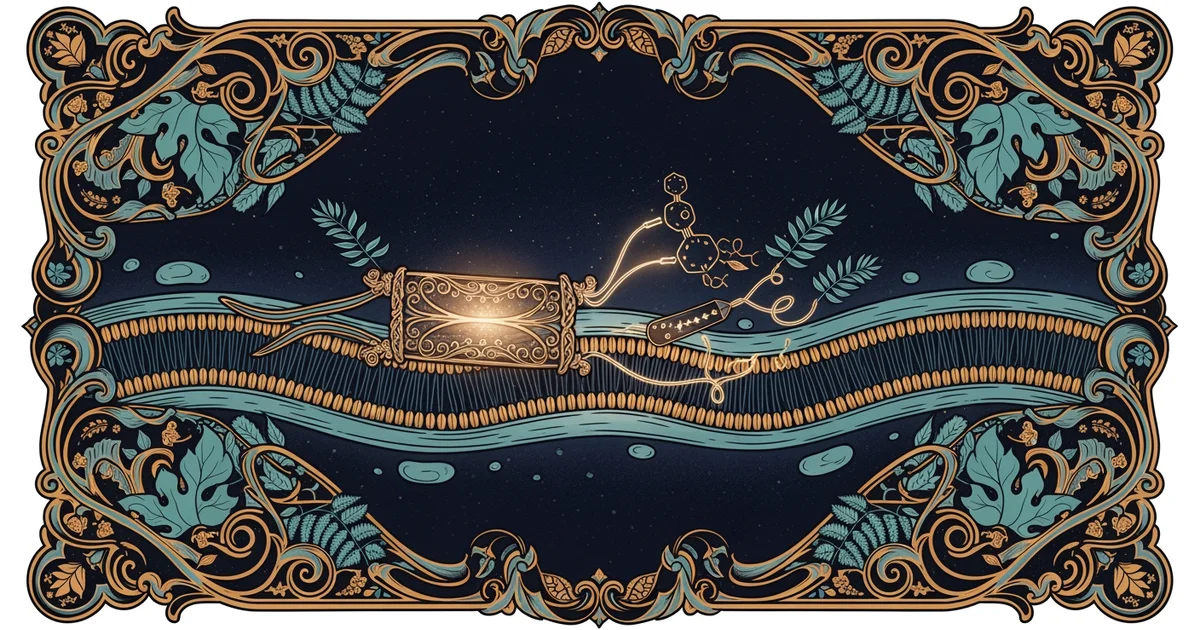 A glowing molecular receptor, Victorian botanical illustration style, representing a Learning Whistle learning path on Hormonal Regulation in Metabolism.
