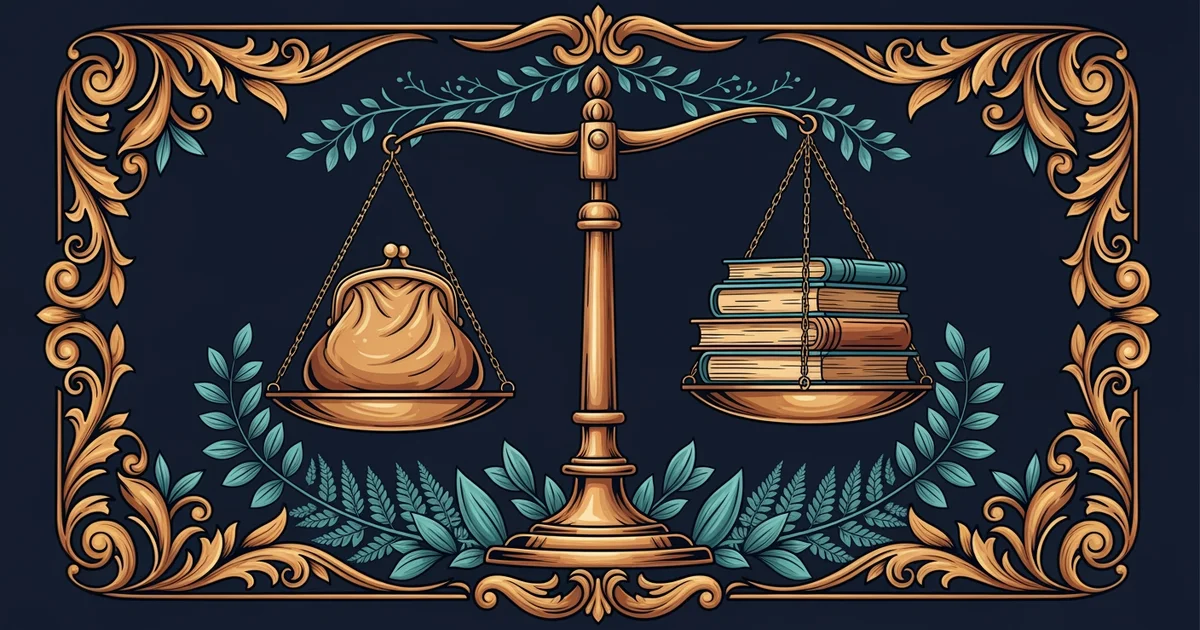 A balanced scale holding a coin purse on one side and a stack of books on the other, Victorian botanical illustration style, representing a Learning Whistle learning path on Household Economics.