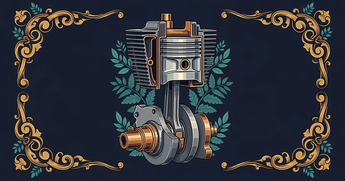 A cross-section view of a single cylinder engine, Victorian botanical illustration style, representing a Learning Whistle learning path on How a Car Engine Actually Works.