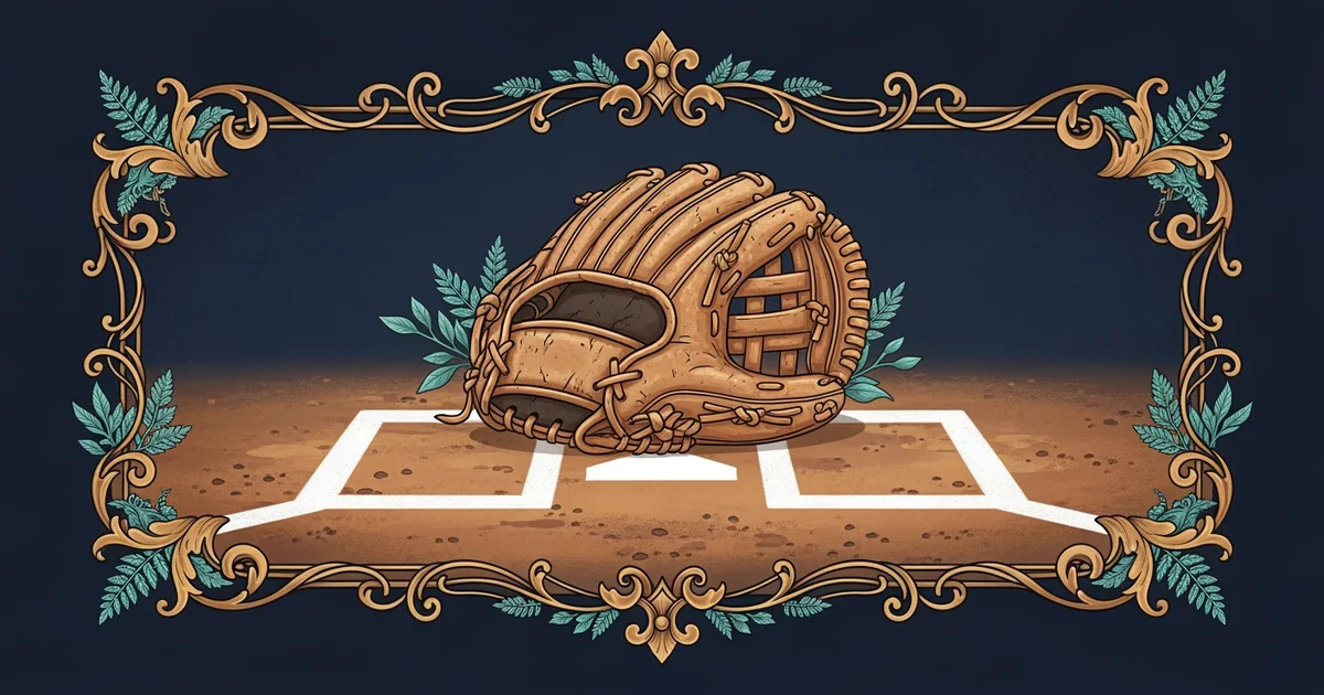 A weathered vintage baseball glove resting on a chalk-lined dirt baseline, Victorian botanical illustration style, representing a Learning Whistle learning path on how baseball works.