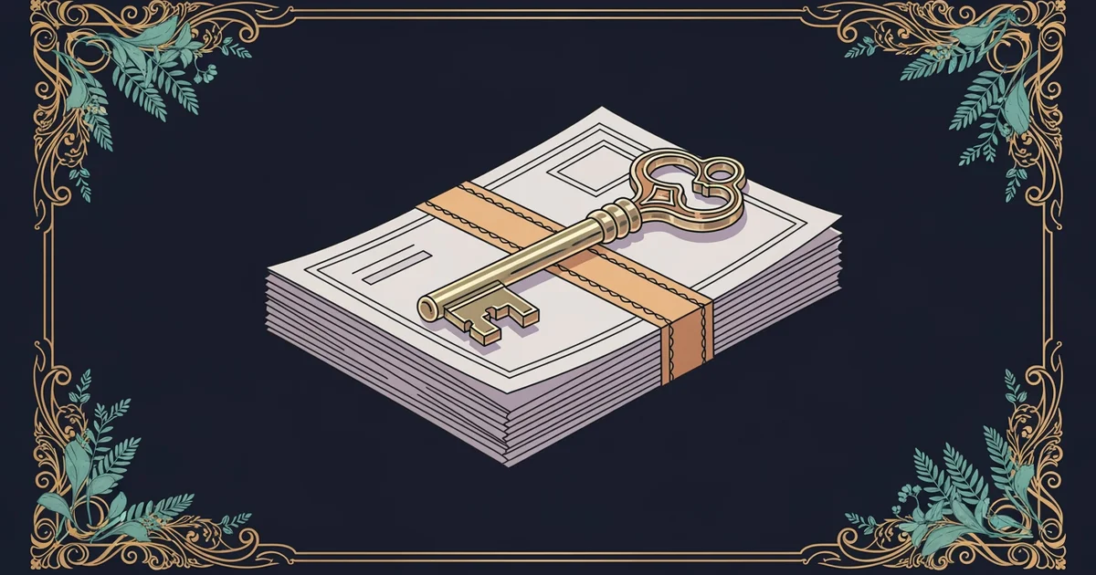 A stylized, metallic key resting on a stack of neatly organized financial documents, Victorian botanical illustration style, representing a Learning Whistle learning path on How Car Loans and Auto Fin
