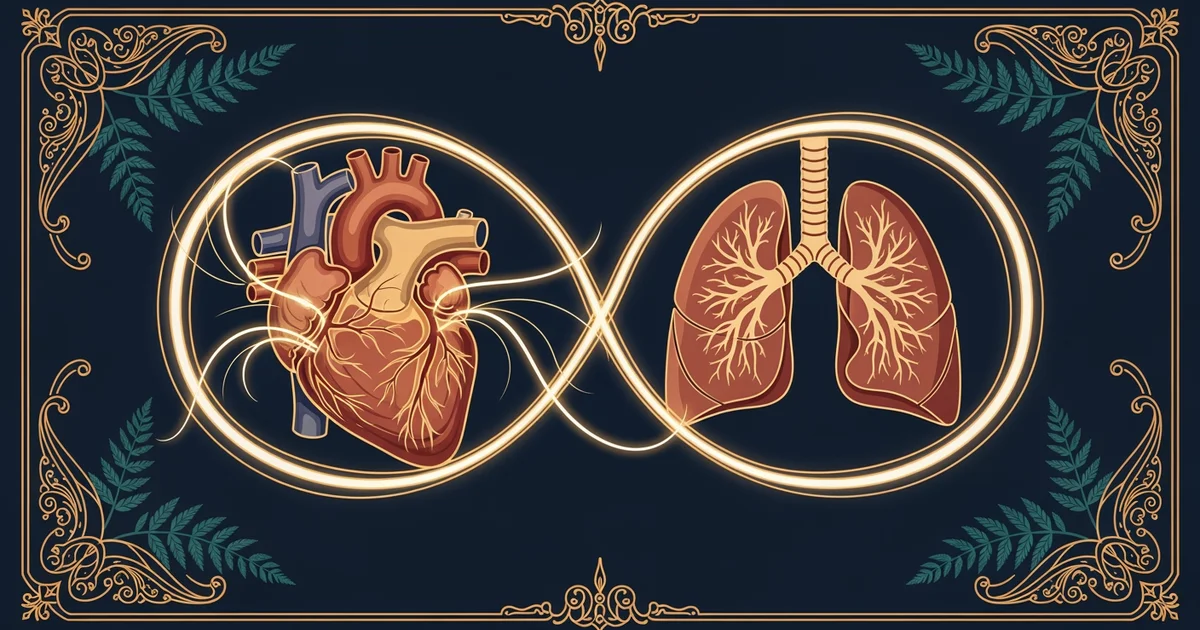 Interconnected heart and lungs diagram, Victorian botanical illustration style, representing a Learning Whistle learning path on How Cardio Improves Your Heart and Lungs.