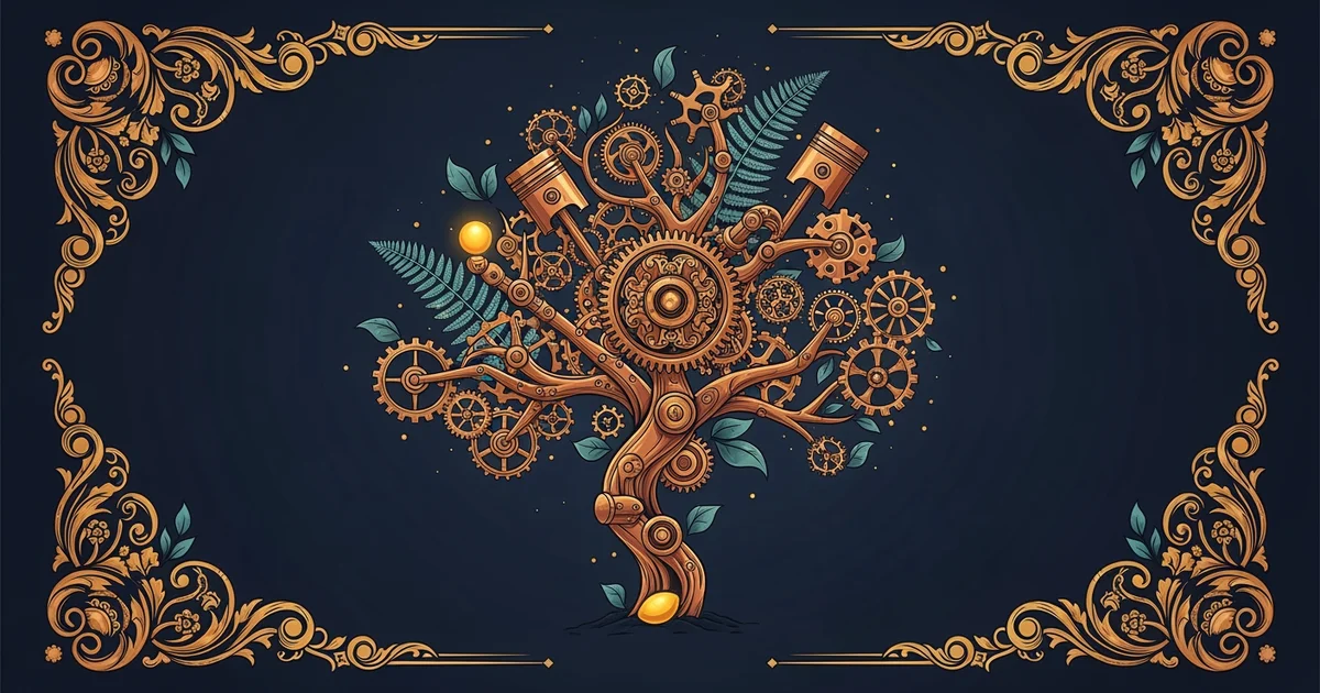 A mechanical tree growing from a seed, Victorian botanical illustration style, representing a Learning Whistle learning path on How Compound Interest Works.
