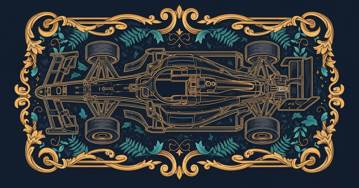 Technical schematic of a race car, Victorian botanical illustration style, representing a Learning Whistle learning path on How Formula 1 Works.