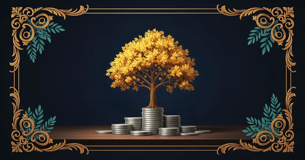 A golden tree growing from a stack of silver coins, Victorian botanical illustration style, representing a Learning Whistle learning path on How Generational Wealth Gaps Actually Happen.