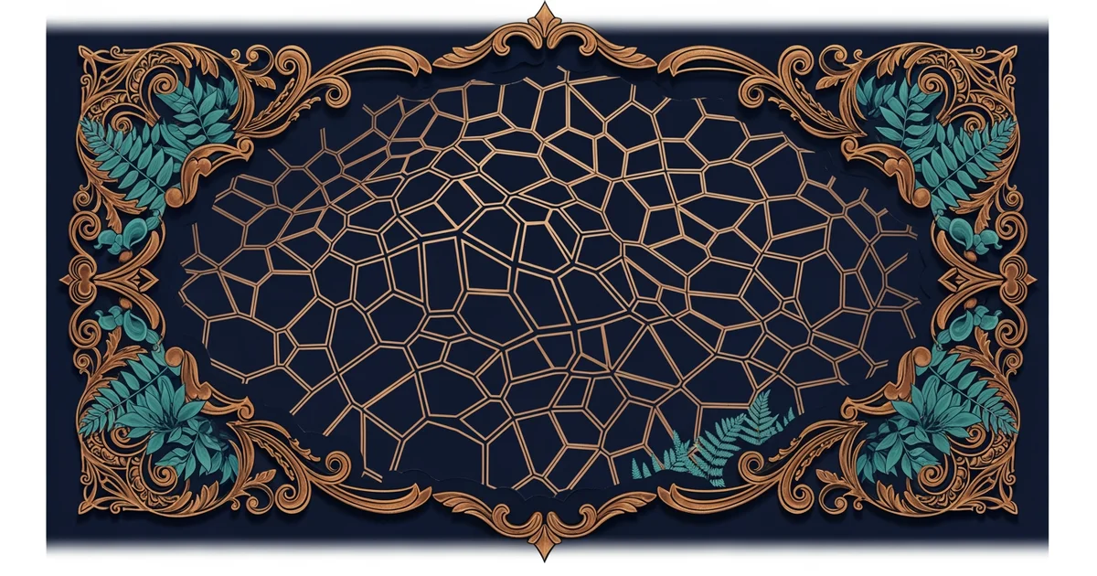 A distorted geometric map grid showing irregular puzzle-piece boundaries, Victorian botanical illustration style, representing a Learning Whistle learning path on gerrymandering.